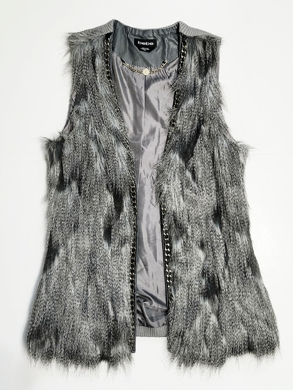 bebe Silver Gray Faux Fur Chain-Trim Vest size M